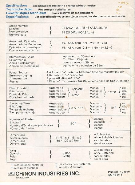 Vintage Chinon Auto S-280 unidad de flash solo manual de instrucciones. 